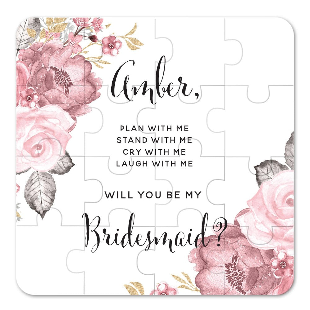 Personalized Will you be my bridesmaid puzzle proposal with pastel pink flower bouquet - XOXOKristen