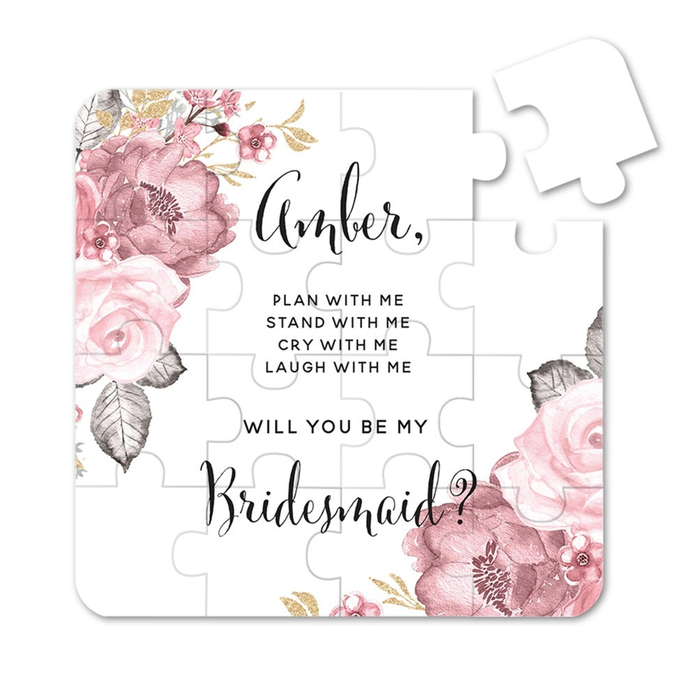 Personalized Will you be my bridesmaid puzzle proposal with pastel pink flower bouquet - XOXOKristen