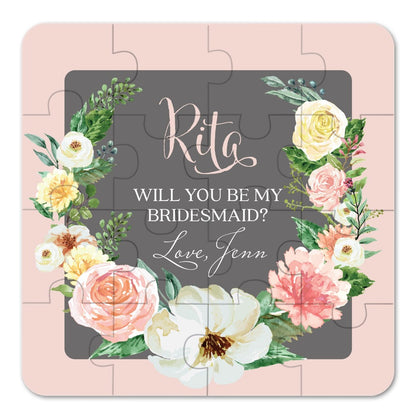 Personalized Will you be my bridesmaid Puzzle Proposal with Dusty Pink and Grey Flower Bouquet - XOXOKristen