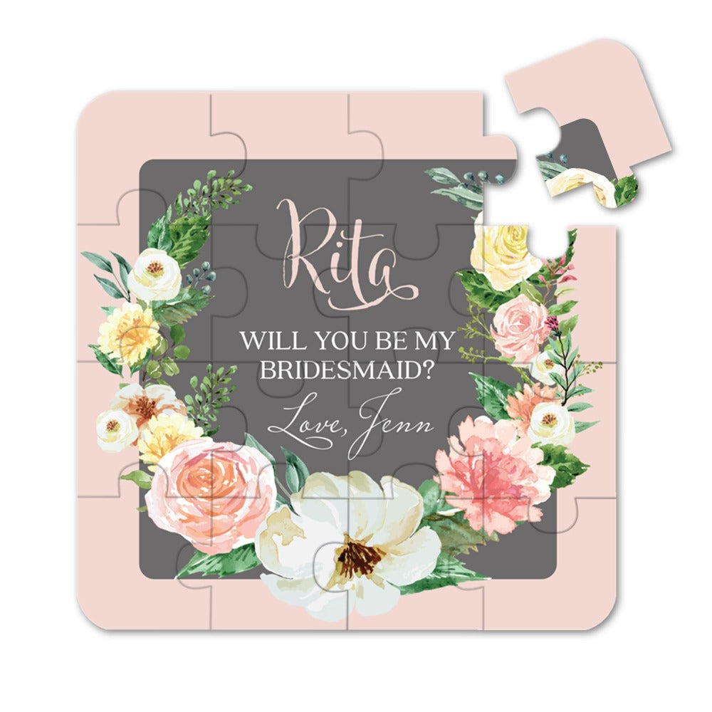 Personalized Will you be my bridesmaid Puzzle Proposal with Dusty Pink and Grey Flower Bouquet - XOXOKristen