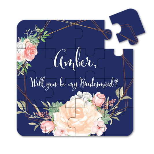 Personalized Will you be my bridesmaid Navy Blue Puzzle Proposal with Pink Flower Bouquet - XOXOKristen