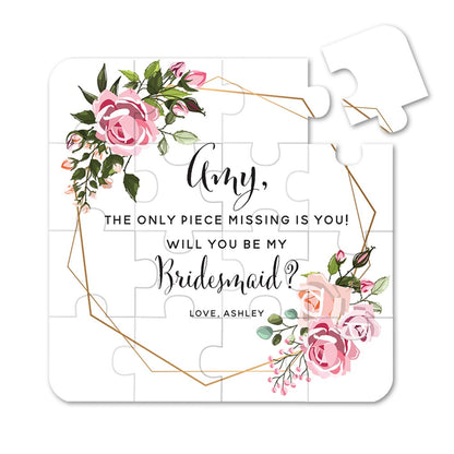  Personalized Will you be my bridesmaid puzzle proposal with pink flower bouquet and delicate gold frame- XOXOKristen