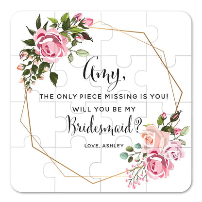  Personalized Will you be my bridesmaid puzzle proposal with pink flower bouquet and delicate gold frame- XOXOKristen