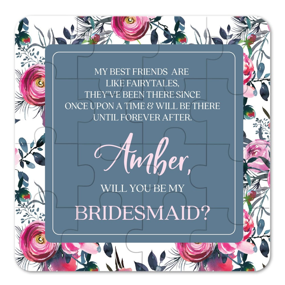 Personalized Will you be my bridesmaid puzzle proposal with vintage pink and blue floral design and heartfelt poem - XOXOKristen