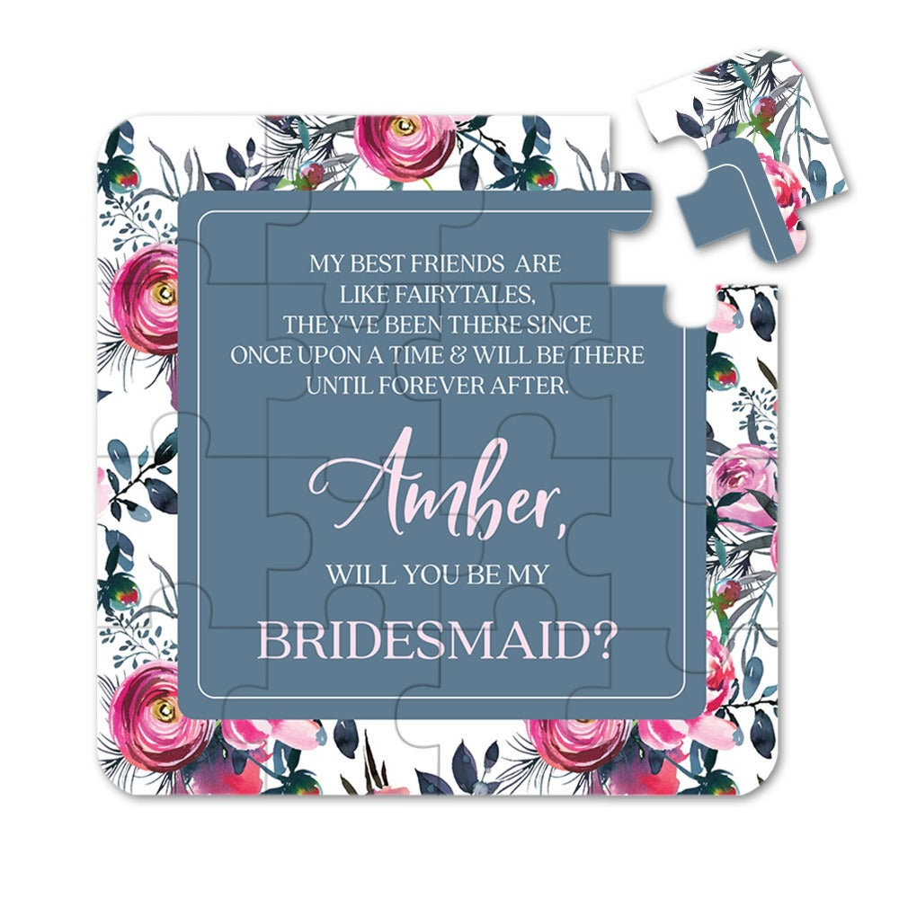 Personalized Will you be my bridesmaid puzzle proposal with vintage pink and blue floral design and heartfelt poem - XOXOKristen