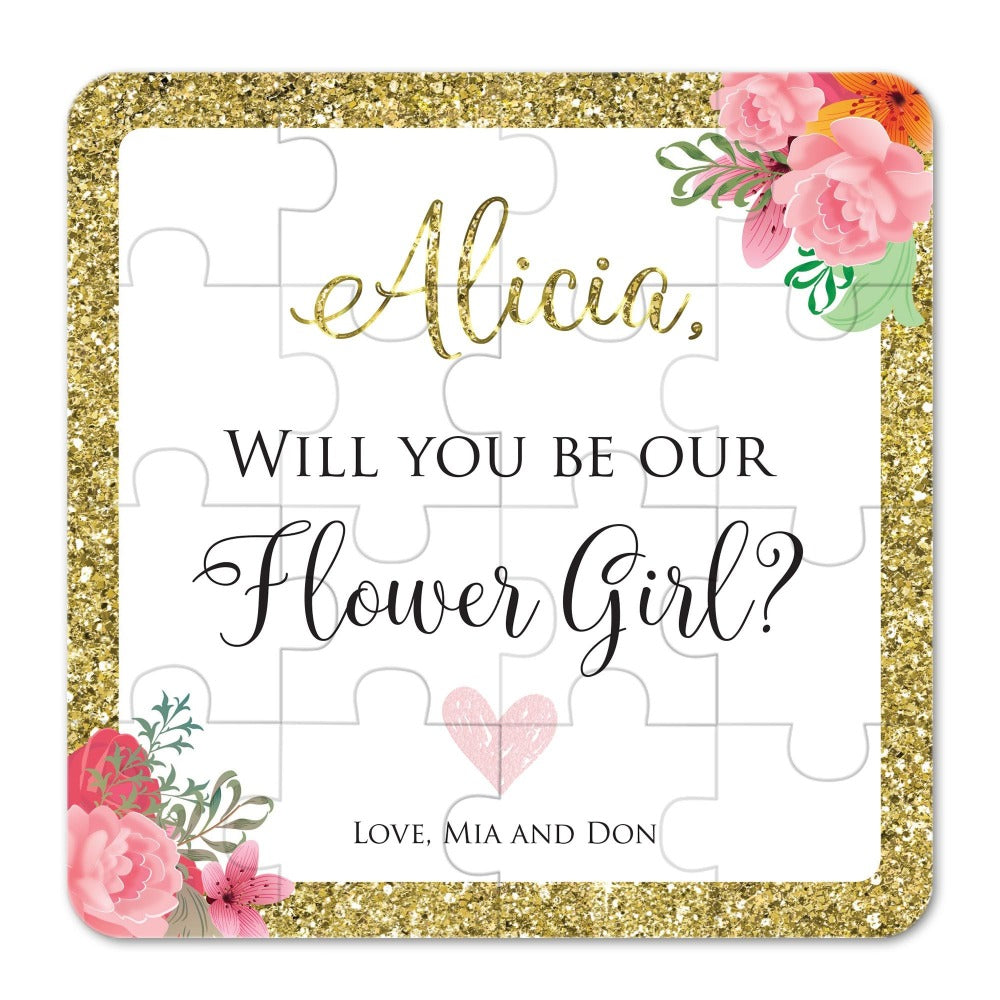 personalized gold glitter border will you be our flower girl proposal puzzle - xoxokristen