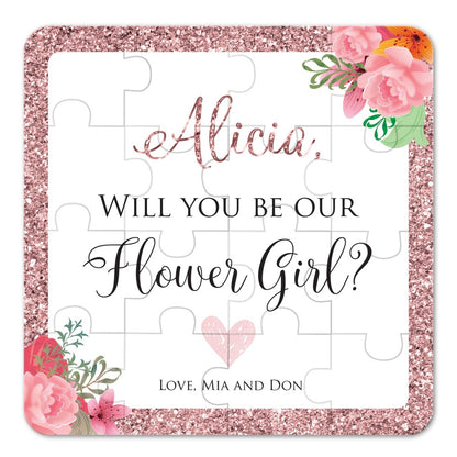 custom personalized Rose Gold Border Pink Flowers Will you be my flower girl puzzle - xoxokristen