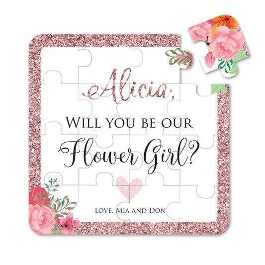 custom personalized Rose Gold Border Pink Flowers Will you be my flower girl puzzle - xoxokristen