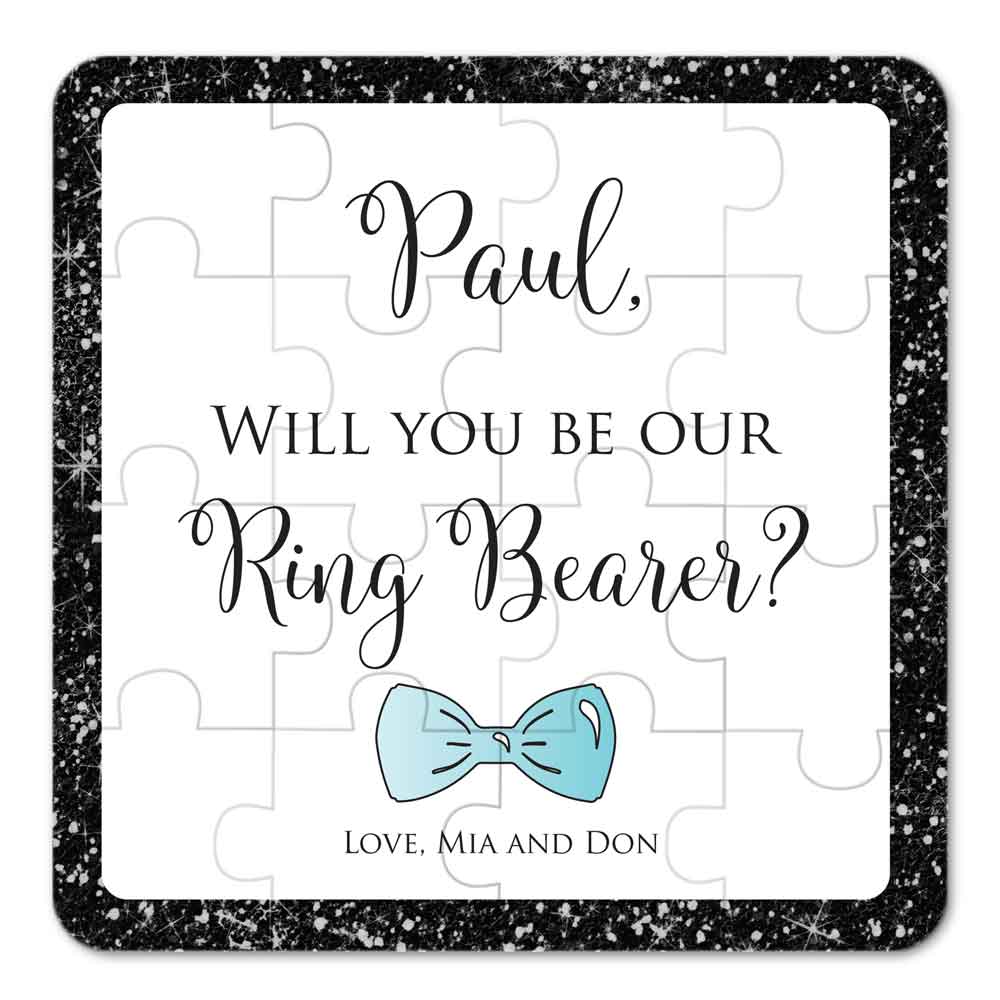 Black glitter border and blue bow tie will you be my ring bearer puzzle - XOXOKristen
