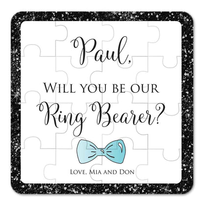 Black glitter border and blue bow tie will you be my ring bearer puzzle - XOXOKristen