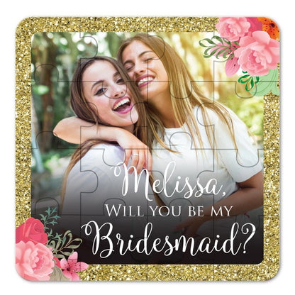 Personalized Will you be my bridesmaid puzzle proposal with your picture printed and gold glitter frame - XOXOKristen