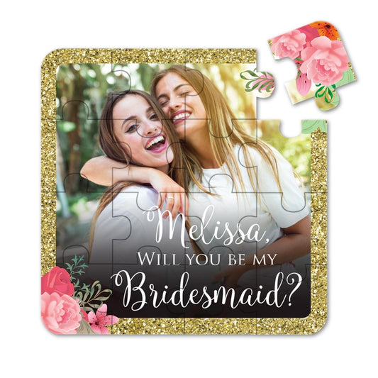 Personalized Will you be my bridesmaid puzzle proposal with your picture printed and gold glitter frame - XOXOKristen