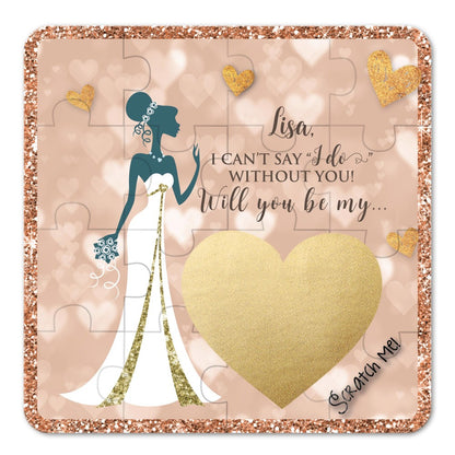 Personalized Will you be my bridesmaid puzzle proposal with elegant scratch-off gold heart - XOXOKristen