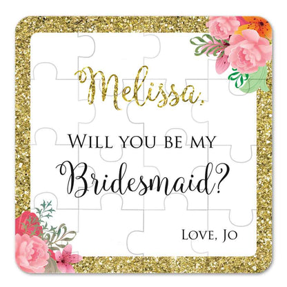 Personalized Will you be my bridesmaid Puzzle Proposal with Pink Flowers and Gold Glitter Frame - XOXOKristen