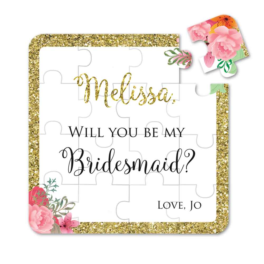 Personalized Will you be my bridesmaid Puzzle Proposal with Pink Flowers and Gold Glitter Frame - XOXOKristen