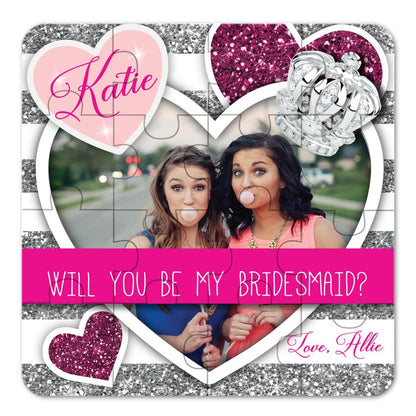 Personalized Will you be my bridesmaid puzzle proposal with customized picture and silver and pink glitter- XOXOKristen
