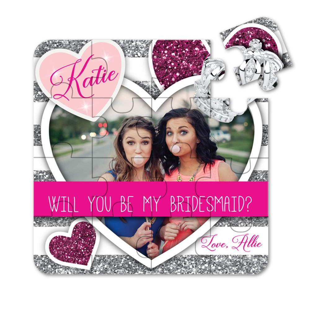 Personalized Will you be my bridesmaid puzzle proposal with customized picture and silver and pink glitter- XOXOKristen