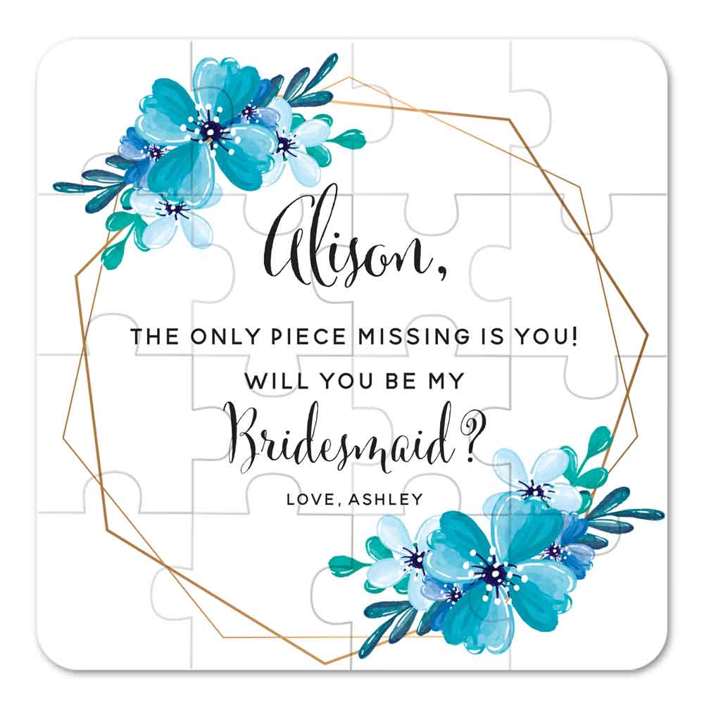 Personalized Will you be my bridesmaid Puzzle Proposal with blue flower design and delicate gold foiled frame- XOXOKristen