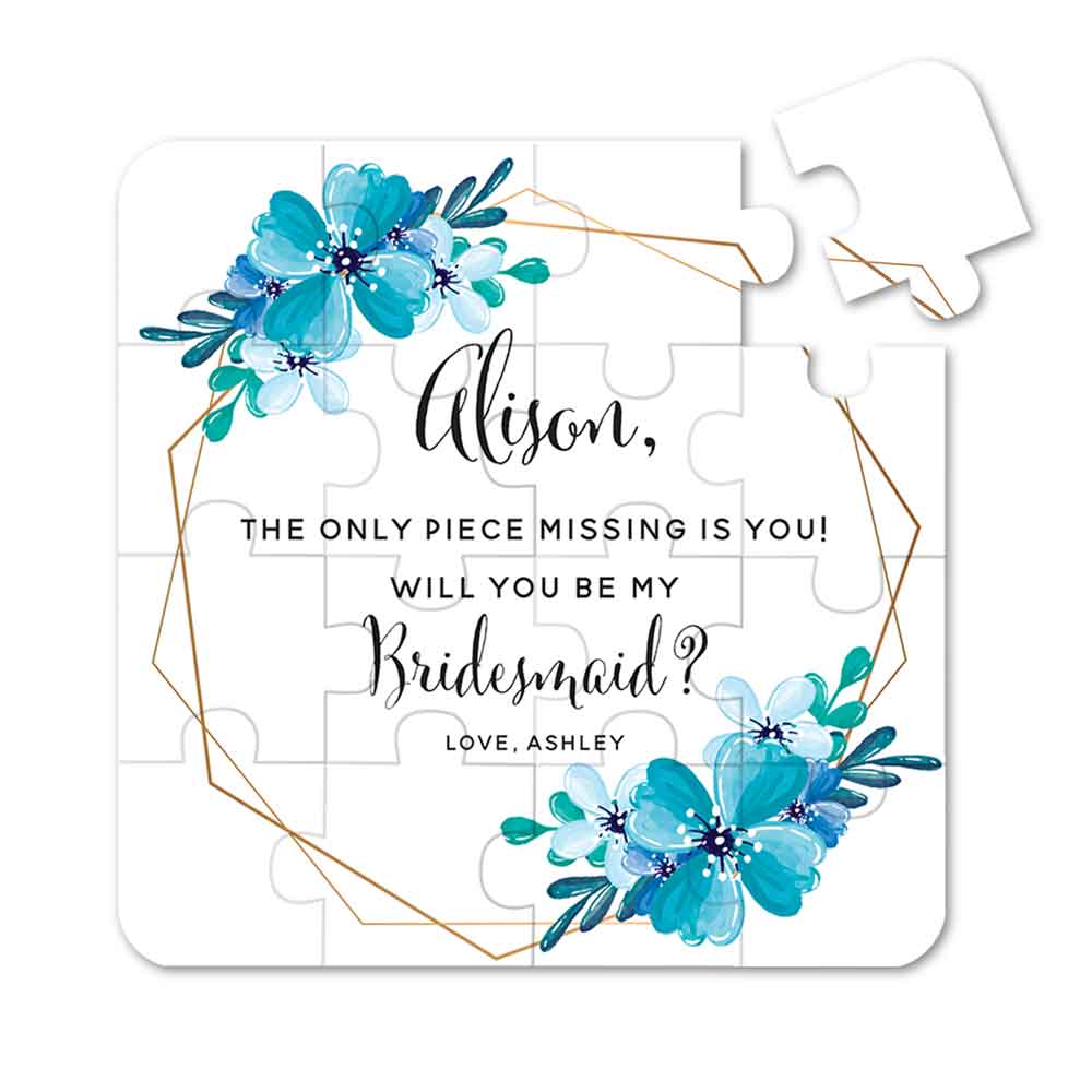 Personalized Will you be my bridesmaid Puzzle Proposal with blue flower design and delicate gold foiled frame- XOXOKristen