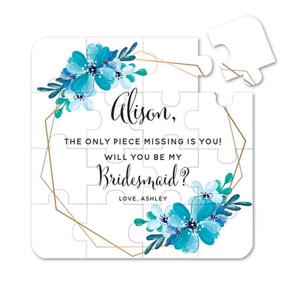 Personalized Will you be my bridesmaid Puzzle Proposal with blue flower design and delicate gold foiled frame- XOXOKristen