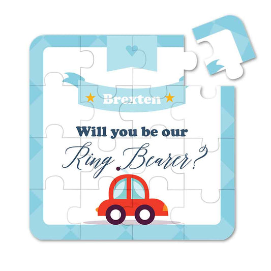 Will you be our ring bearer personalize puzzle proposal. Adorable red car and blue frame design. - XOXOKristen