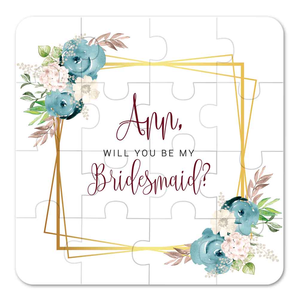 Personalized Will you be my bridesmaid Puzzle Proposal with blue flower bouquet and delicate gold frame- XOXOKristen