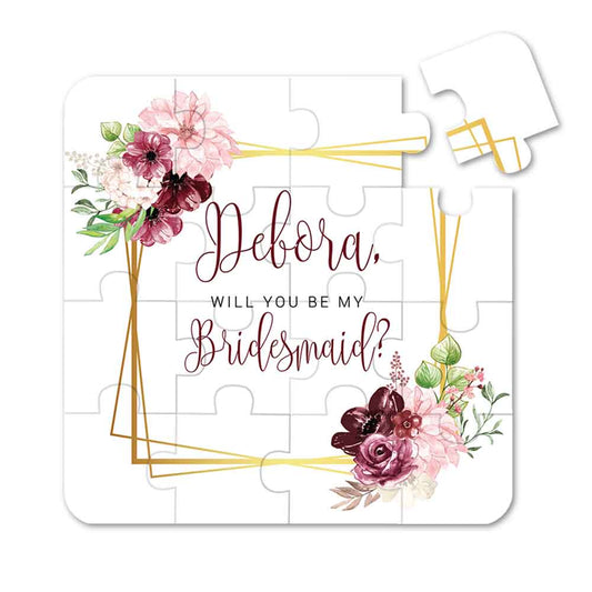 Will you be my bridesmaid puzzle with burgundy and pink flowers - XOXOKristen