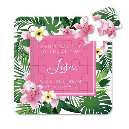 Personalized Will you be my bridesmaid Puzzle Proposal with pink tropical flower and palms design - XOXOKristen