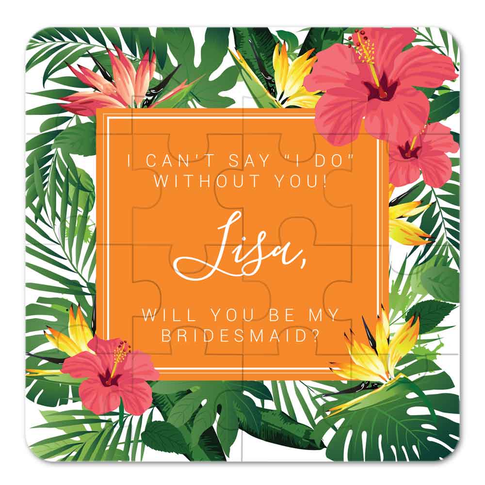 Will you be my bridesmaid Puzzle Proposal with tropical orange flower and palms design - XOXOKristen