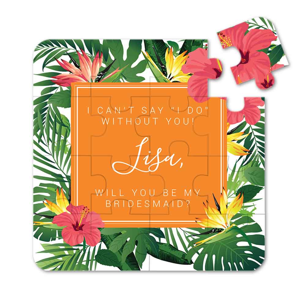 Will you be my bridesmaid Puzzle Proposal with tropical orange flower and palms design - XOXOKristen