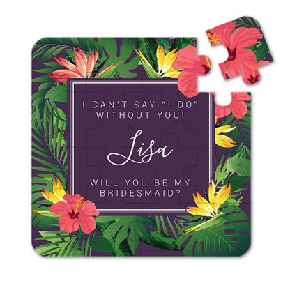 Personalized Will you be my bridesmaid Puzzle Proposal with tropical flower and palms design - XOXOKristen