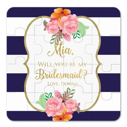 Personalized Will you be my bridesmaid puzzle proposal with pink flower bouquet and delicate gold frame - XOXOKristen