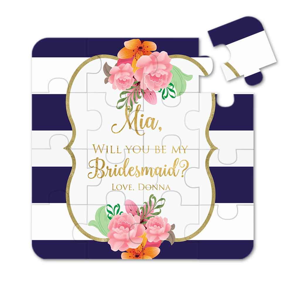 Personalized Will you be my bridesmaid puzzle proposal with pink flower bouquet and delicate gold frame - XOXOKristen