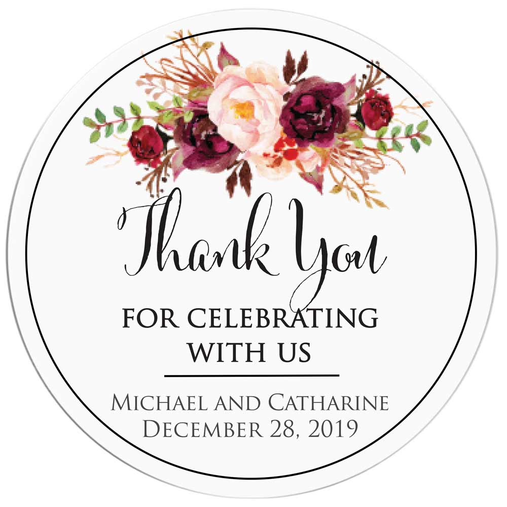 Bohemian burgundy flower bouquet wedding "Thank you for celebrating with us" sticker. Perfect to use with thank you cards, wedding favors or gift bags - XOXOKristen