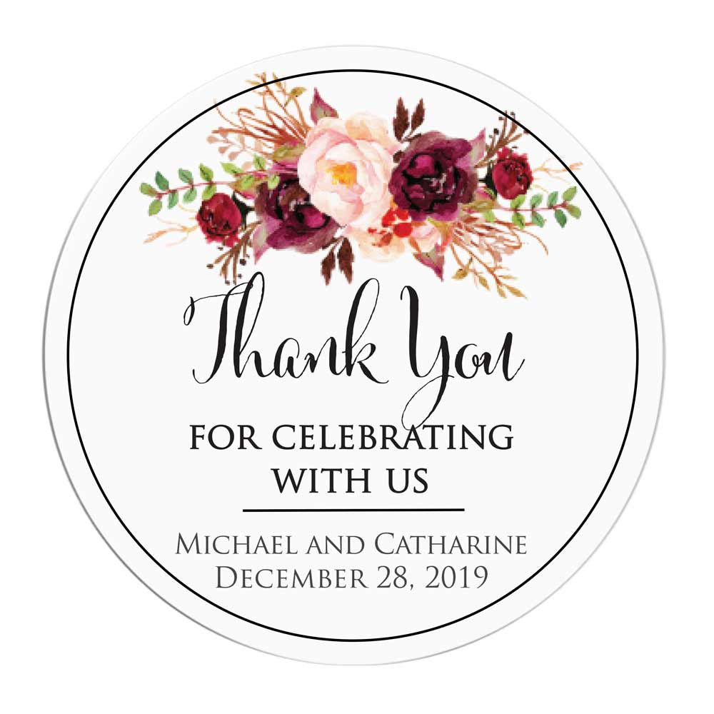 Bohemian burgundy flower bouquet wedding "Thank you for celebrating with us" sticker. Perfect to use with thank you cards, wedding favors or gift bags - XOXOKristen