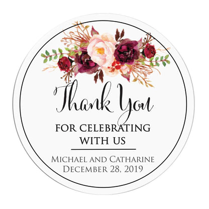 Bohemian burgundy flower bouquet wedding "Thank you for celebrating with us" sticker. Perfect to use with thank you cards, wedding favors or gift bags - XOXOKristen