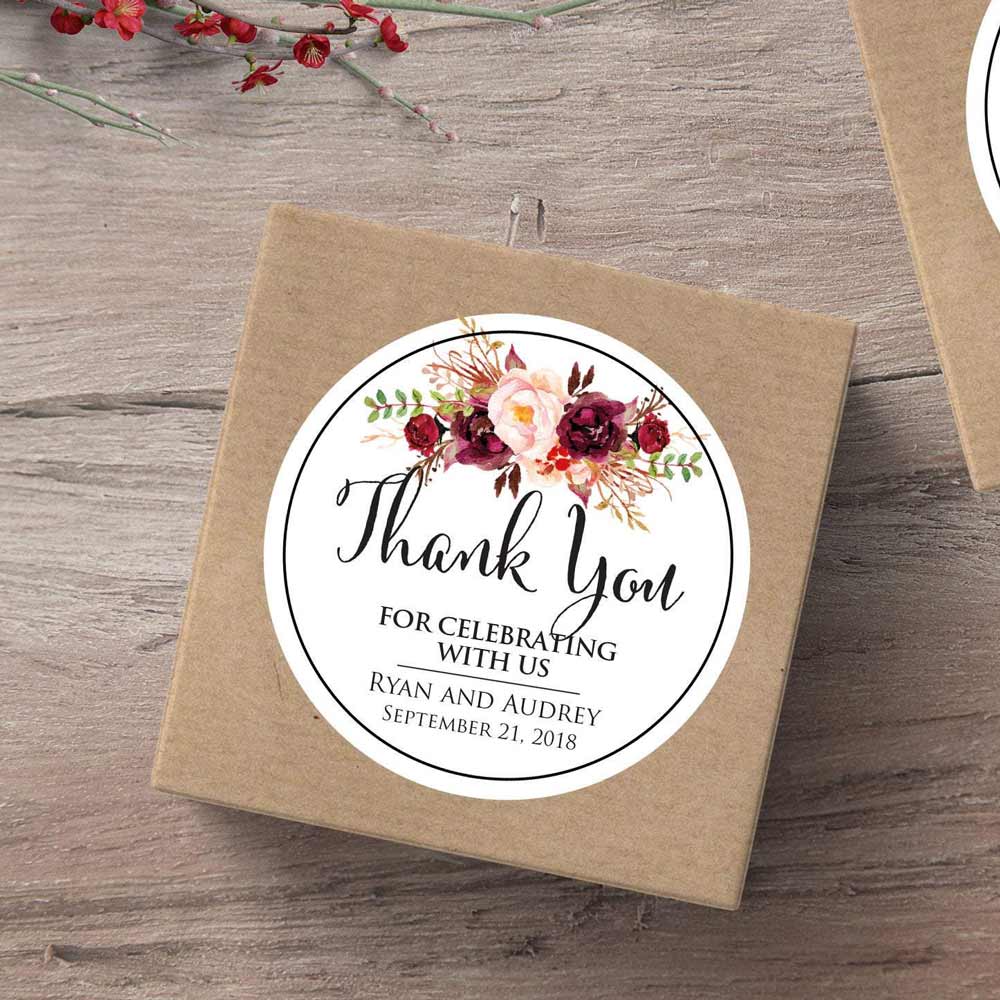 Bohemian burgundy flower bouquet wedding "Thank you for celebrating with us" sticker. Perfect to use with thank you cards, wedding favors or gift bags - XOXOKristen