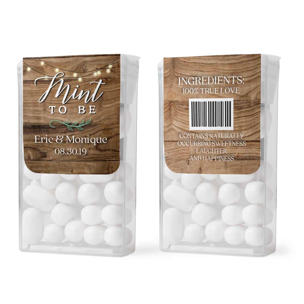 Personalized “Mint to be” wedding tic tac stickers. Customizable labels in rustic wood design - XOXOKristen