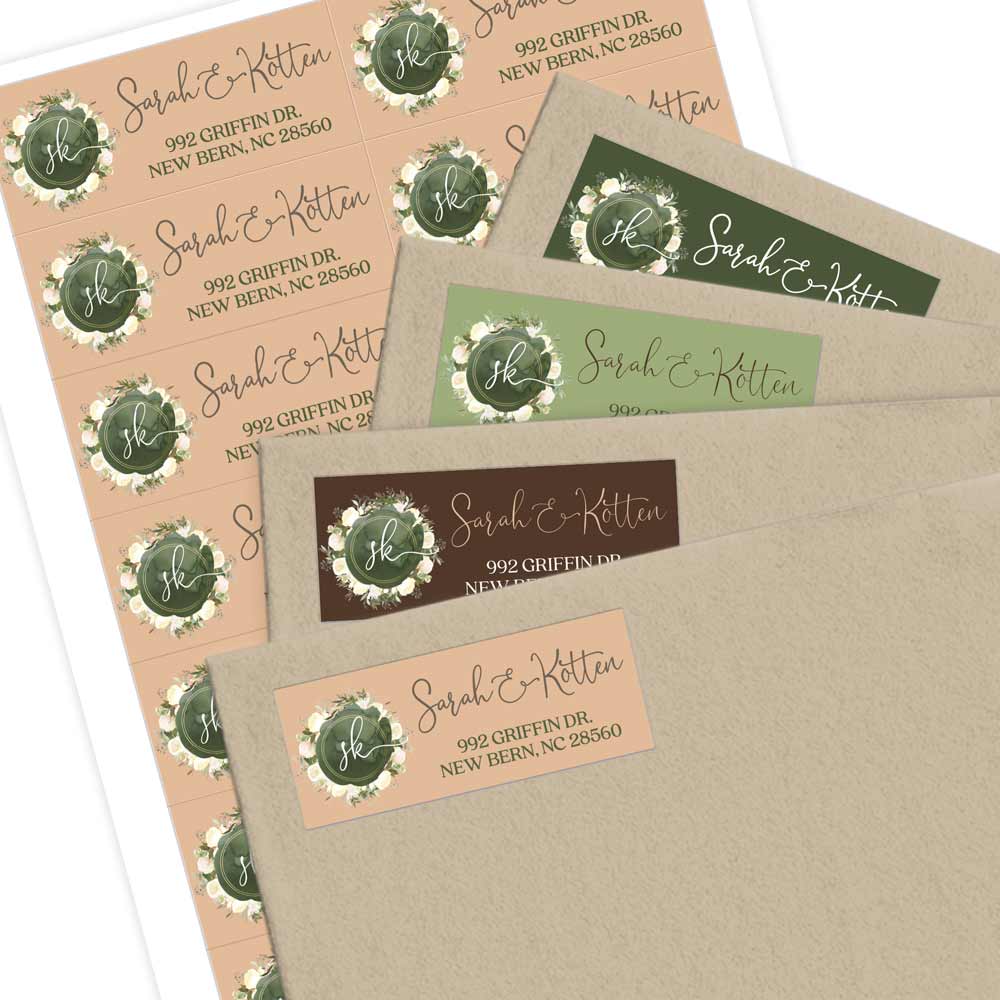 White Roses and Dark Green spot monogram return address label. Custom Wedding return address sticker- xoxokristen
