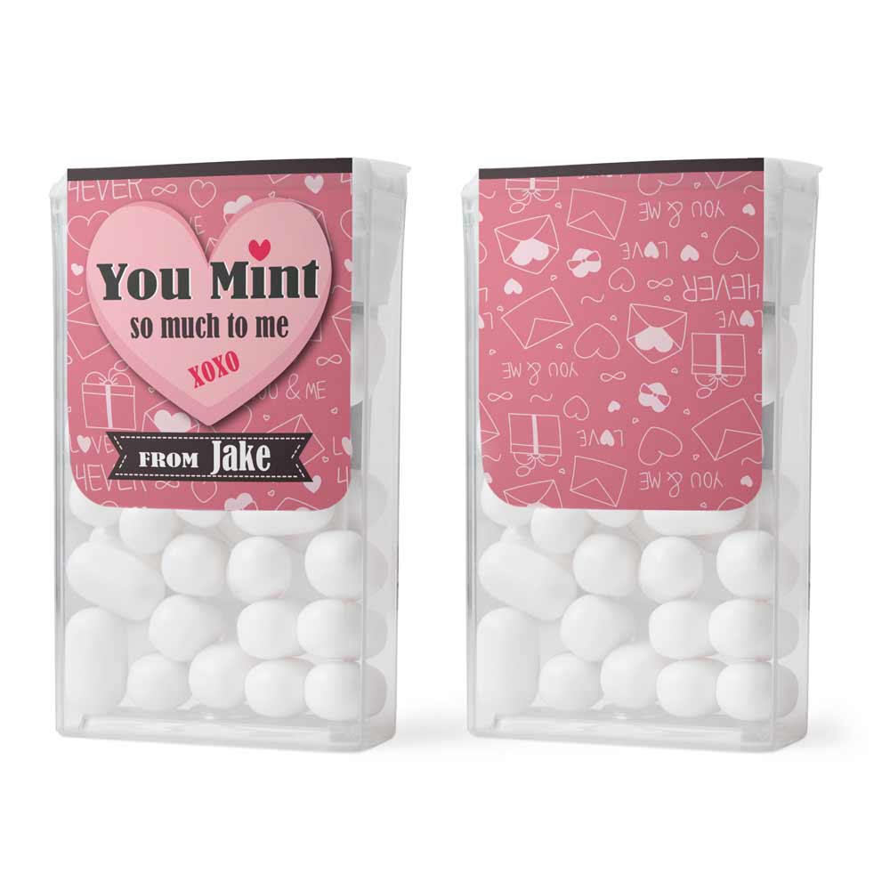 Personalized “You Mint so Much to me” valentine’s day tic tac stickers with adorable pink mail and hearts design - XOXOKirsten