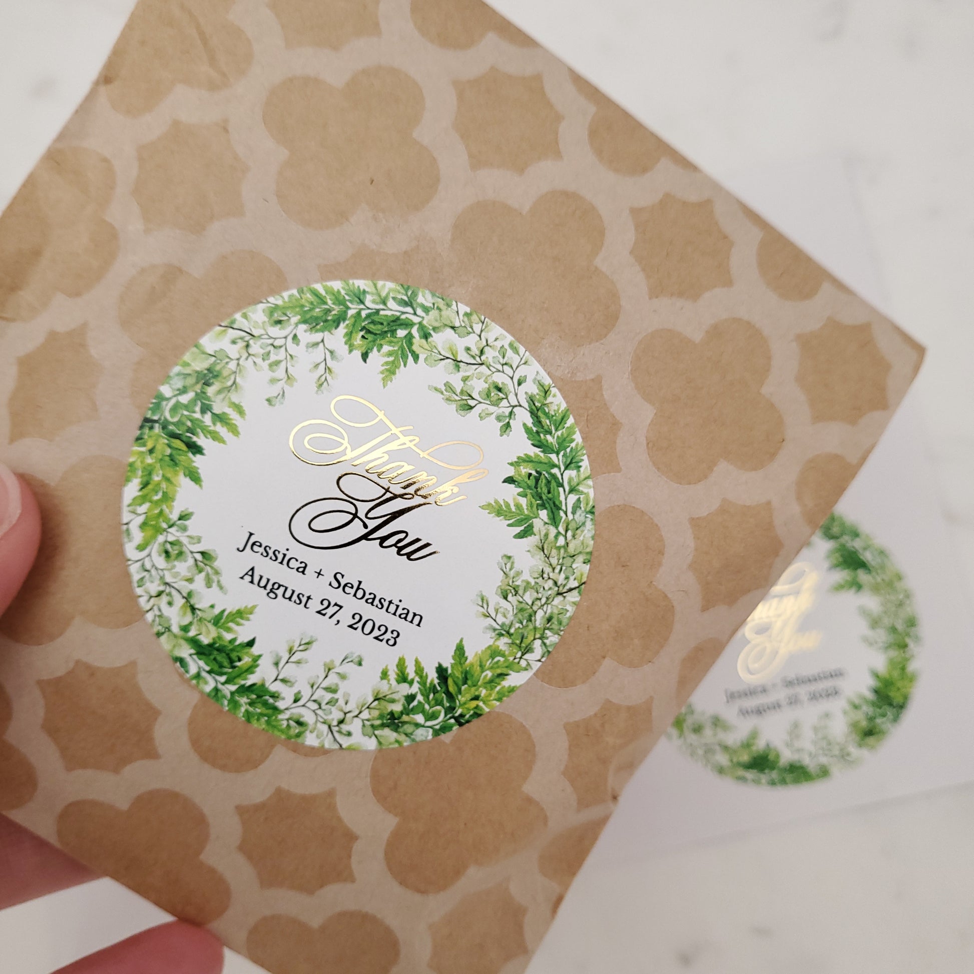 custom thank you wedding favor stickers with green leaf design - XOXOKristen