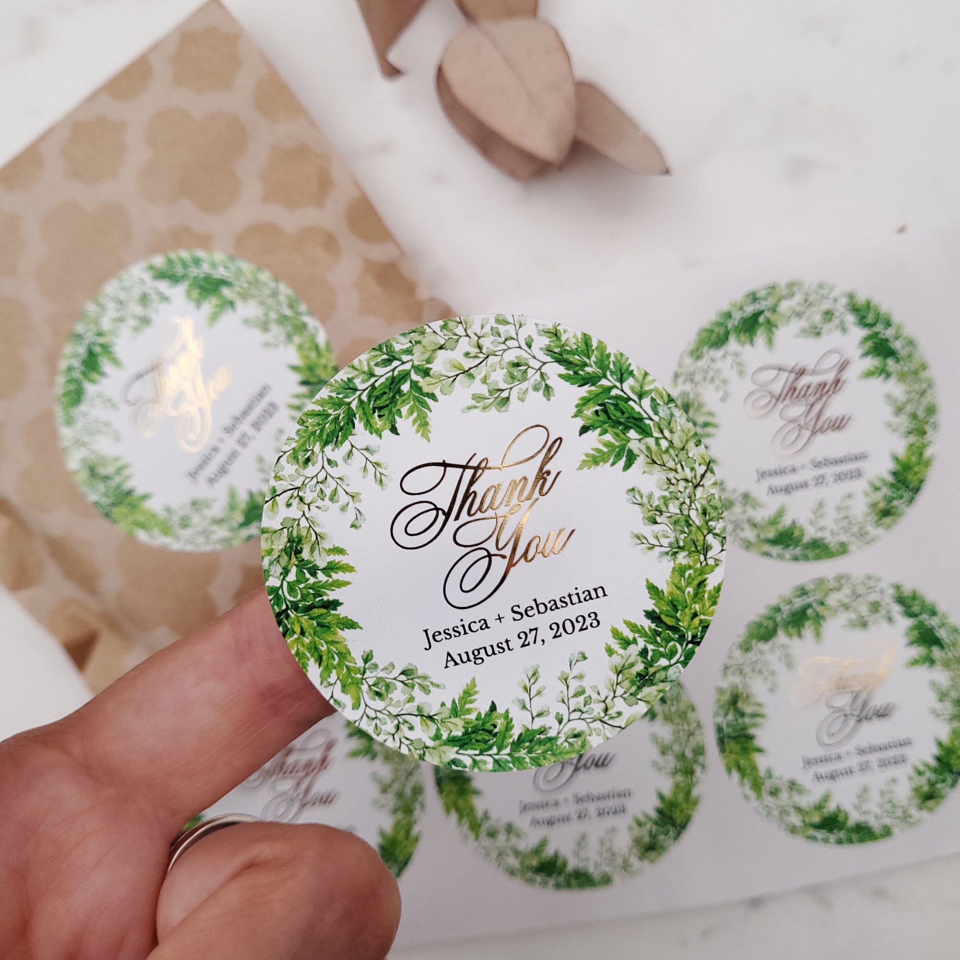 custom thank you wedding favor stickers with green leaf design - XOXOKristen