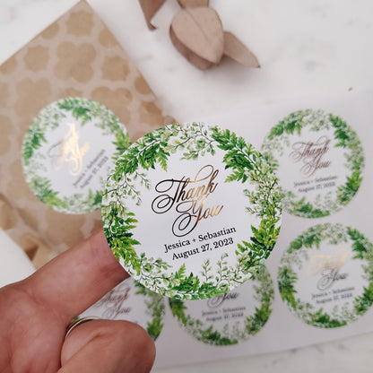 custom thank you wedding favor stickers with green leaf design - XOXOKristen