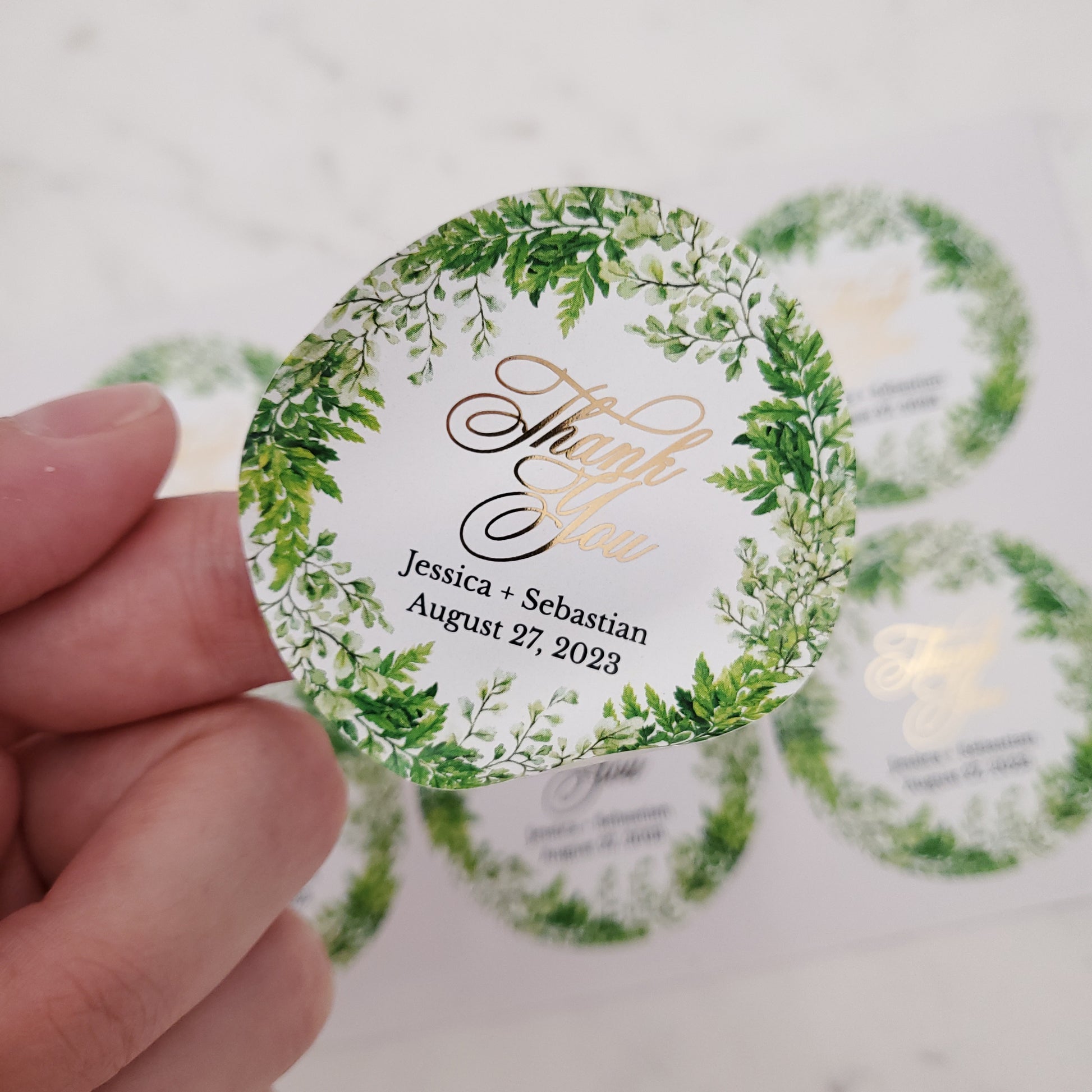 custom thank you wedding favor stickers with green leaf design - XOXOKristen