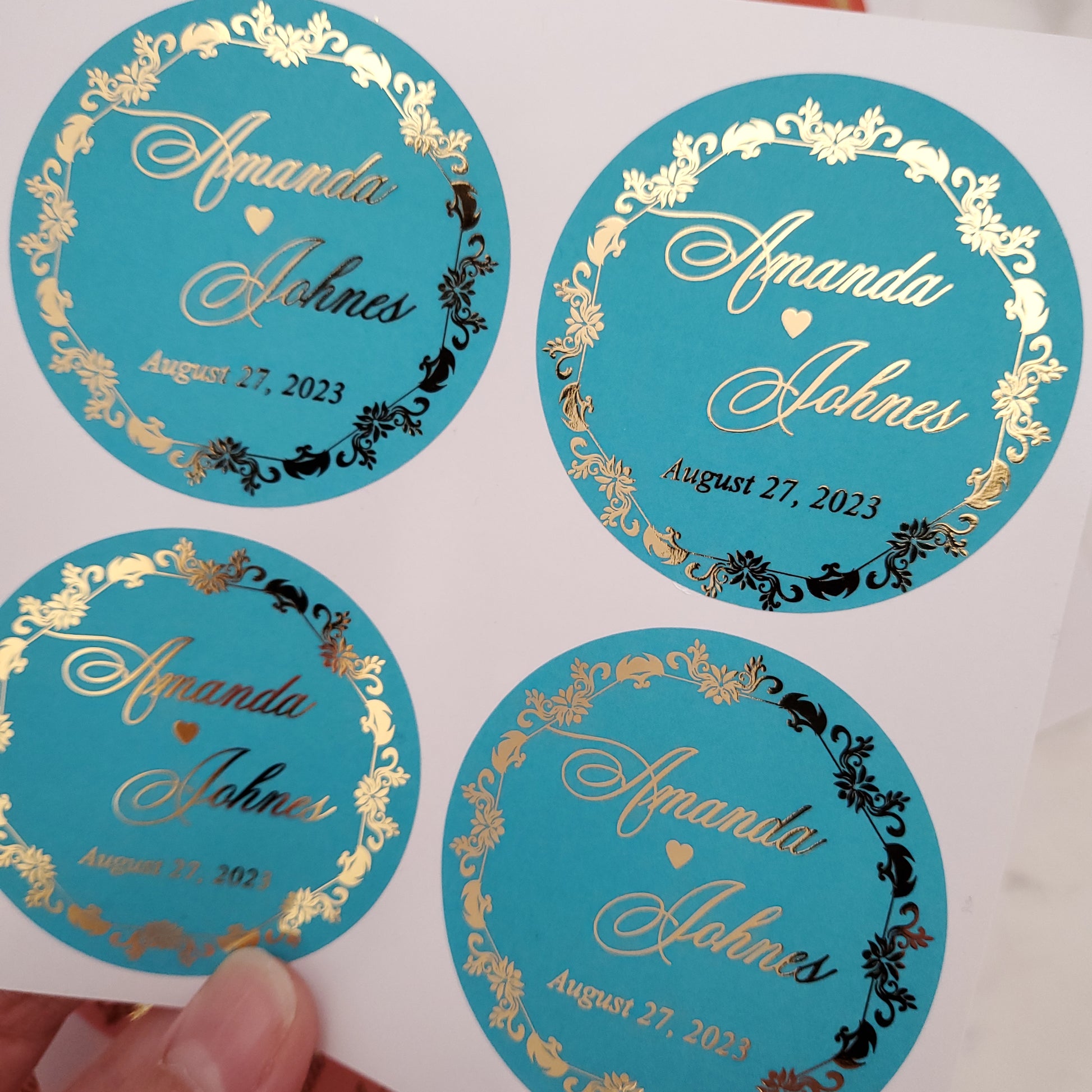 custom colorful wedding favor stickers with gold foil - XOXOKristen