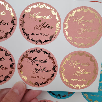 custom colorful wedding favor stickers with gold foil - XOXOKristen