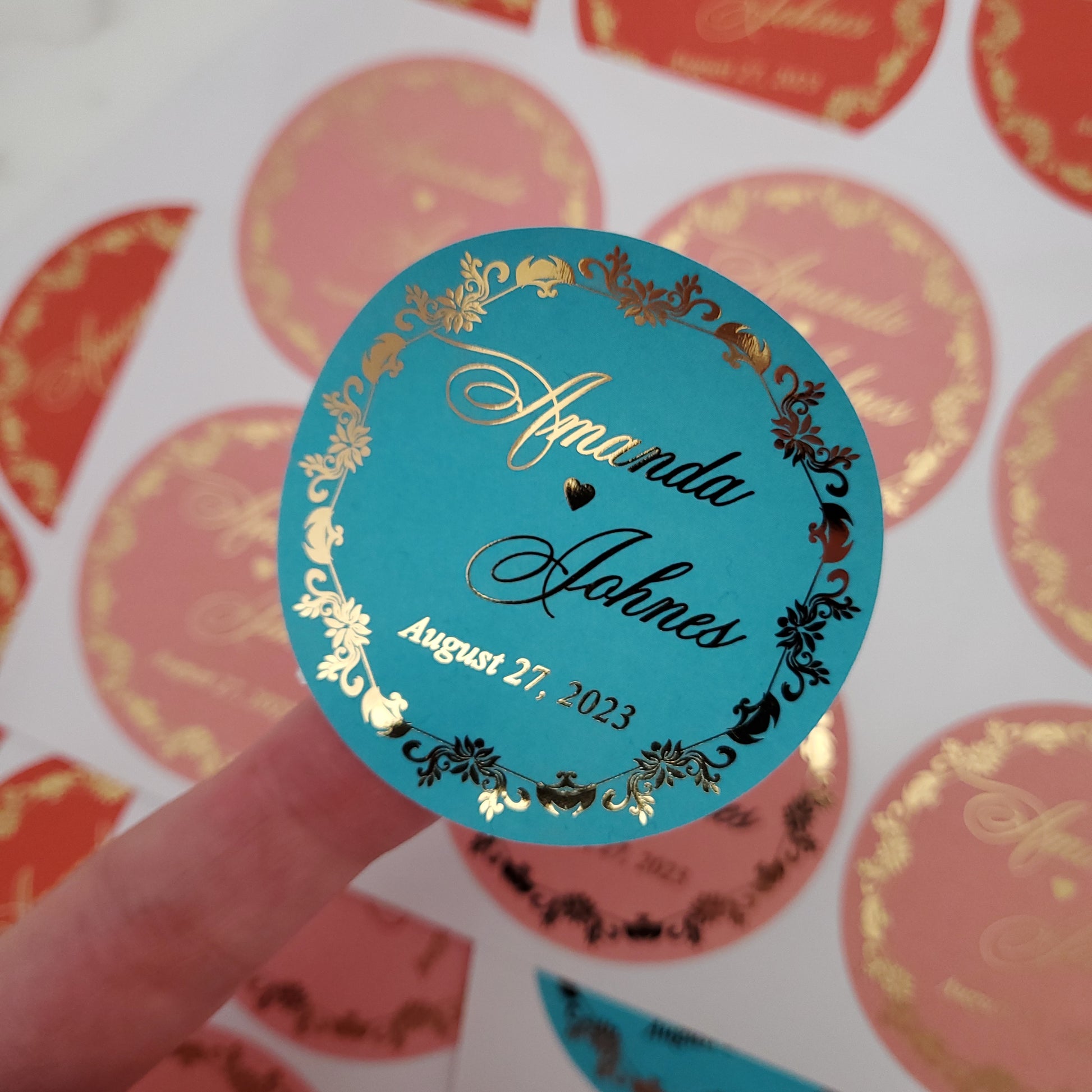custom colorful wedding favor stickers with gold foil - XOXOKristen