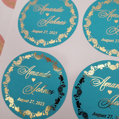 custom colorful wedding favor stickers with gold foil - XOXOKristen