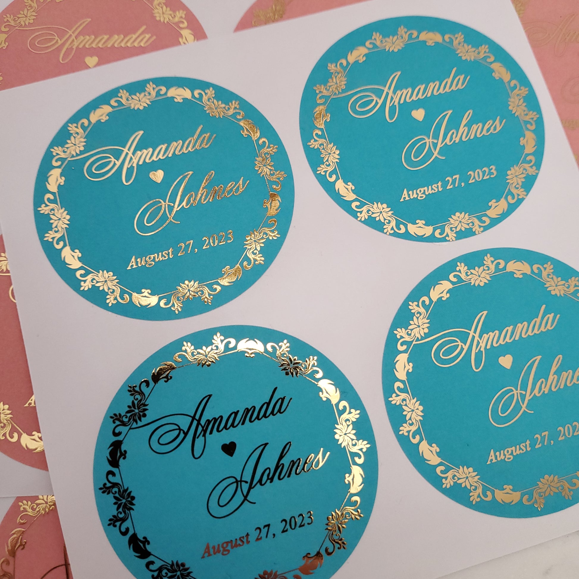 custom colorful wedding favor stickers with gold foil - XOXOKristen