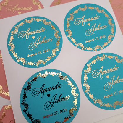 custom colorful wedding favor stickers with gold foil - XOXOKristen